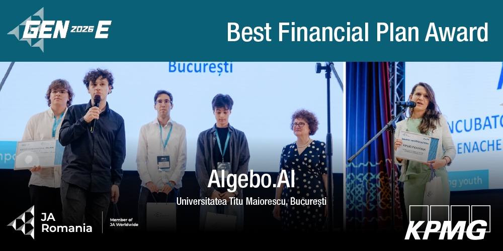 Premiul Best Financial Plan – susținut de KPMG România – a fost acordat la secțiunea studenți a competiției GEN-E echipei ALGEBO.AI, de la Universitatea „Titu Maiorescu”, București